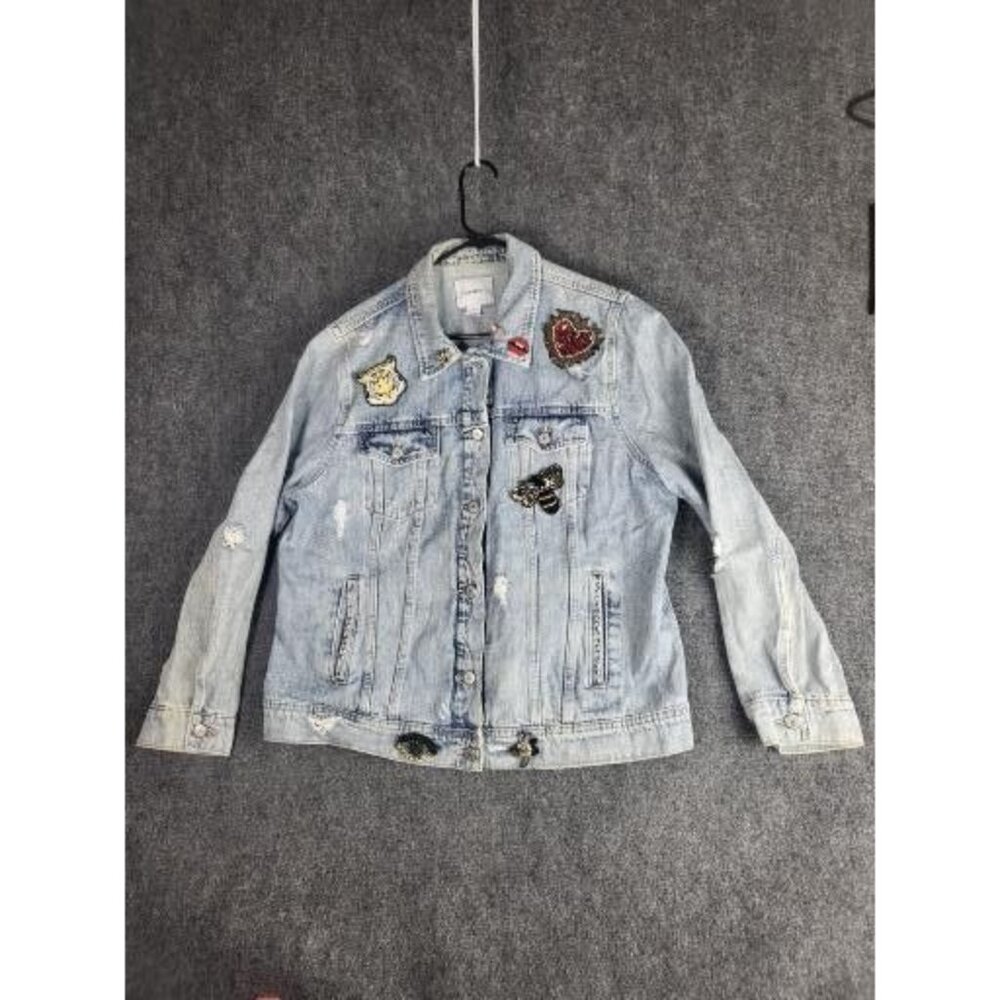 Old Navy Denim Jacket Women Sz XL Blue Patched Distressed Winter School Workwear